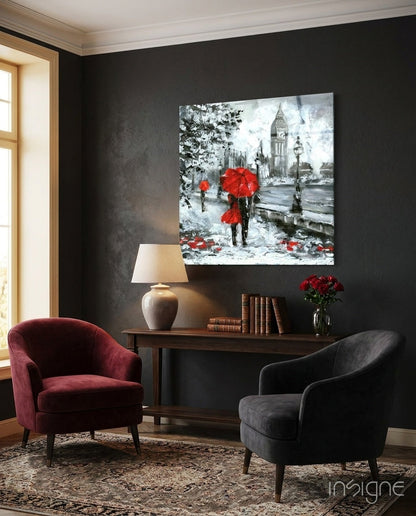 Red Umbrella Couple by Clock Tower Glass Wall Art