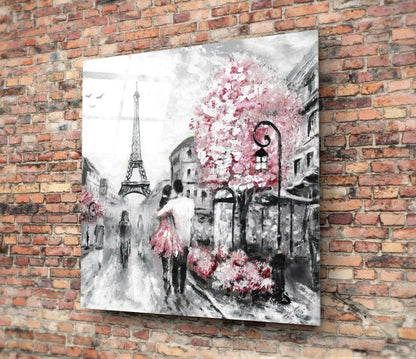 Pink Blossom Tree Paris Couple Glass Wall Art