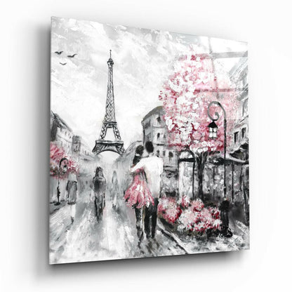 Pink Blossom Tree Paris Couple Glass Wall Art