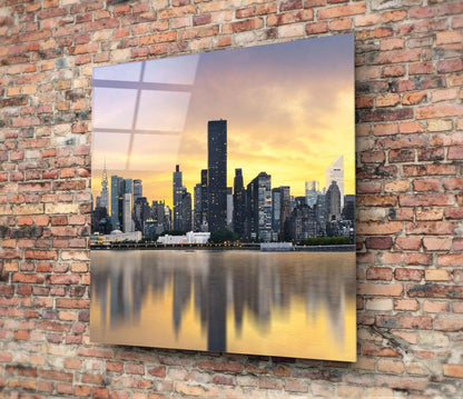 Golden Sunset Skyline Water Reflection Glass Wall Art