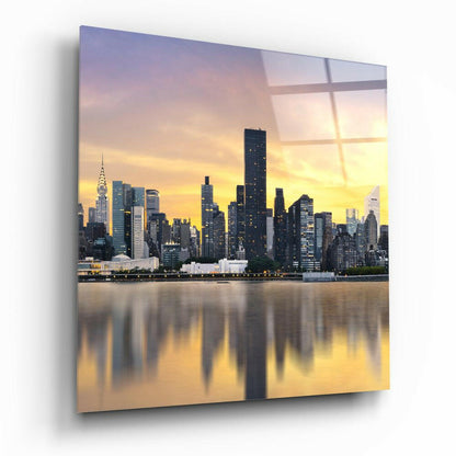 Golden Sunset Skyline Water Reflection Glass Wall Art