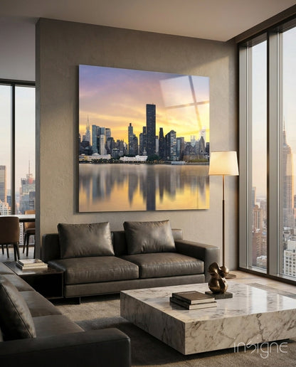 Golden Sunset Skyline Water Reflection Glass Wall Art