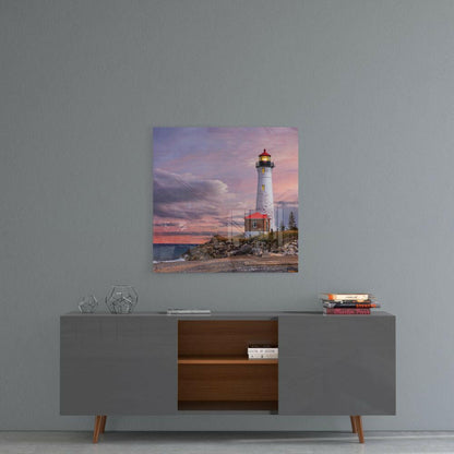 Pink Sunset Cliff Top Lighthouse Glass Wall Art