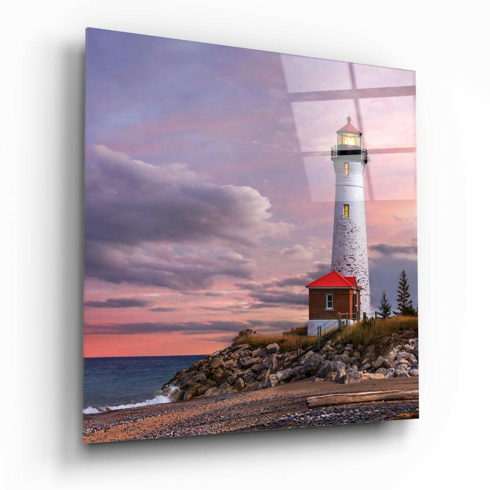 Pink Sunset Cliff Top Lighthouse Glass Wall Art