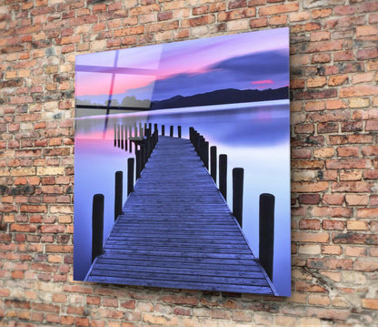 Pink Twilight Lake Jetty Pilings Glass Wall Art