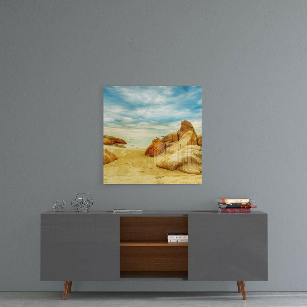 Golden Sand Boulders Sunny Beach Glass Wall Art