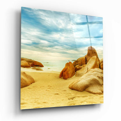 Golden Sand Boulders Sunny Beach Glass Wall Art