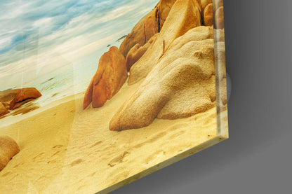 Golden Sand Boulders Sunny Beach Glass Wall Art