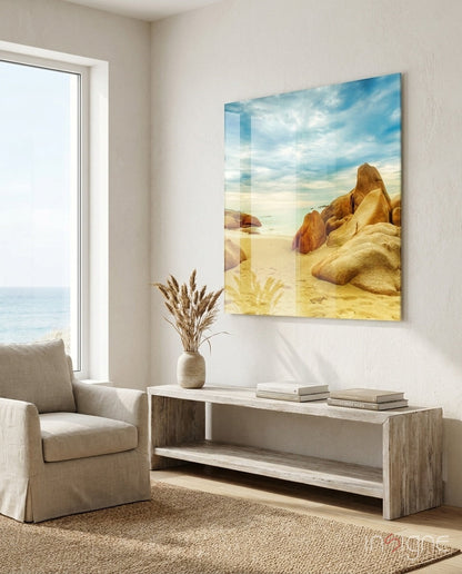 Golden Sand Boulders Sunny Beach Glass Wall Art