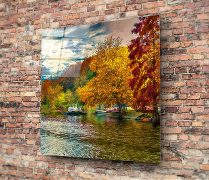 Autumn Lake Fountain Painting Glass Wall Art