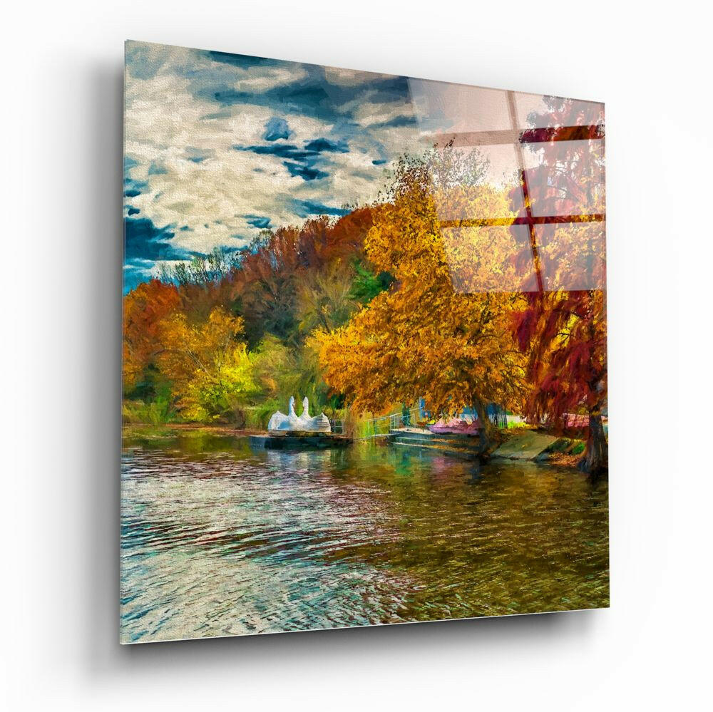 Autumn Lake Fountain Painting Glass Wall Art