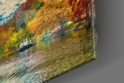 Autumn Lake Fountain Painting Glass Wall Art