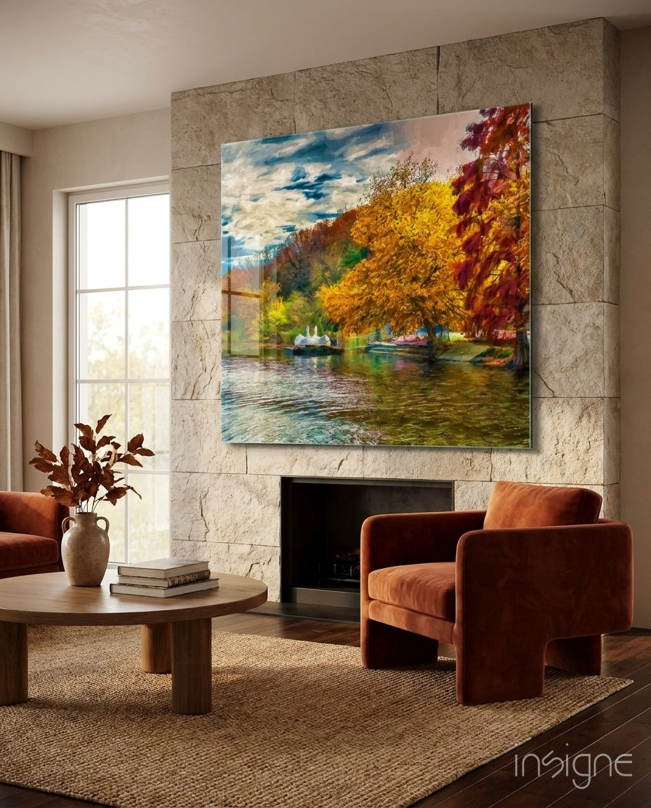 Autumn Lake Fountain Painting Glass Wall Art