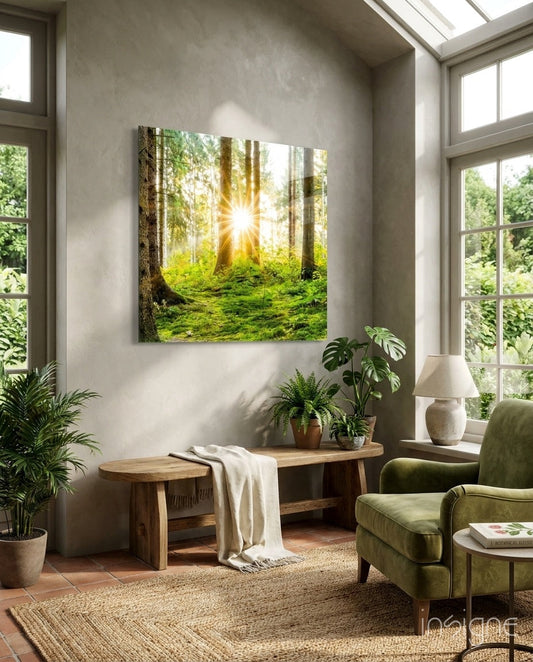 Sunburst Green Forest Moss glass wall art hung in bright living room with wooden bench, green chair, and potted plants.