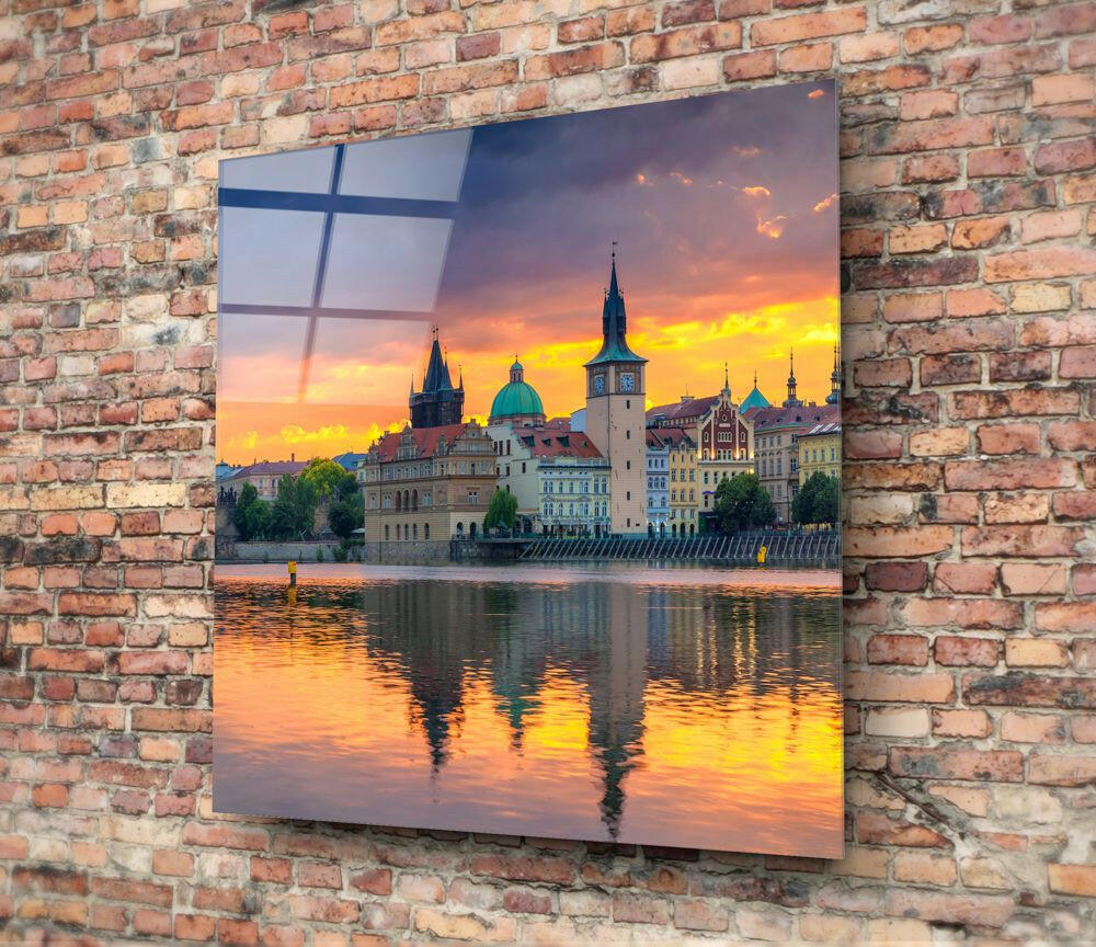 Golden Sunset Prague Riverside Skyline Glass Wall Art