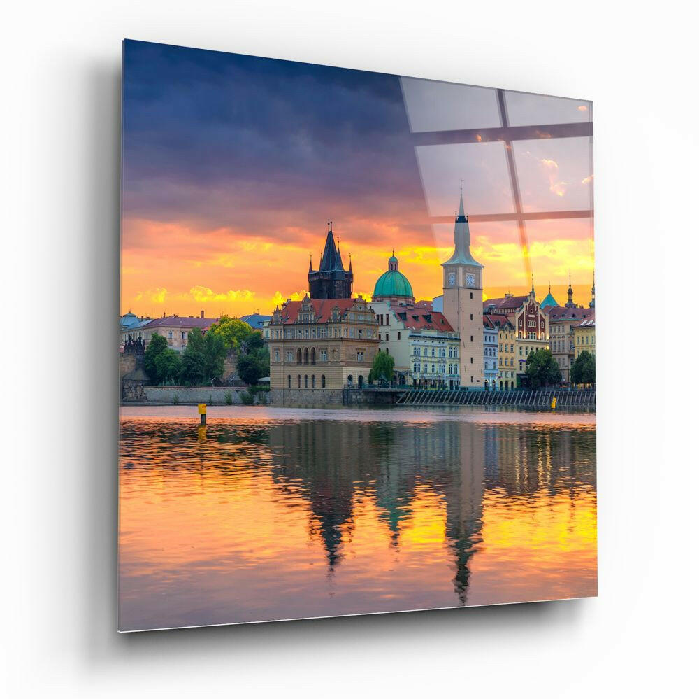 Golden Sunset Prague Riverside Skyline Glass Wall Art