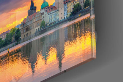 Golden Sunset Prague Riverside Skyline Glass Wall Art