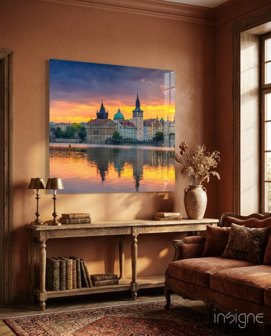 Golden Sunset Prague Riverside Skyline Glass Wall Art