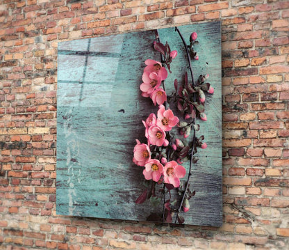Pink Blossom Teal Wood Glass Wall Art
