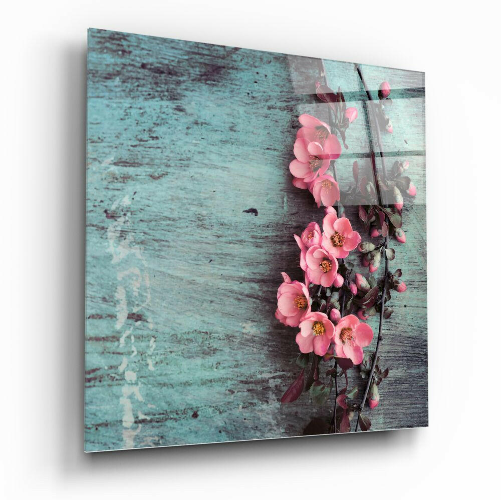 Pink Blossom Teal Wood Glass Wall Art