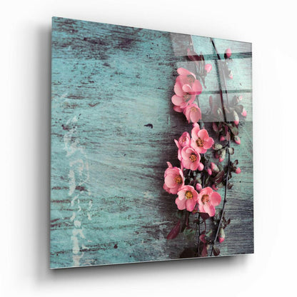Pink Blossom Teal Wood Glass Wall Art