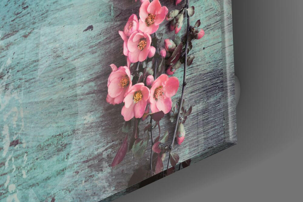 Pink Blossom Teal Wood Glass Wall Art