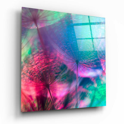 Rainbow Dandelion Seed Abstract Glass Wall Art
