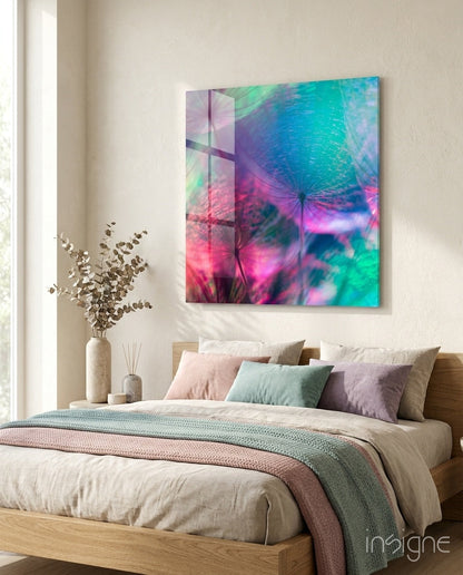 Rainbow Dandelion Seed Abstract Glass Wall Art