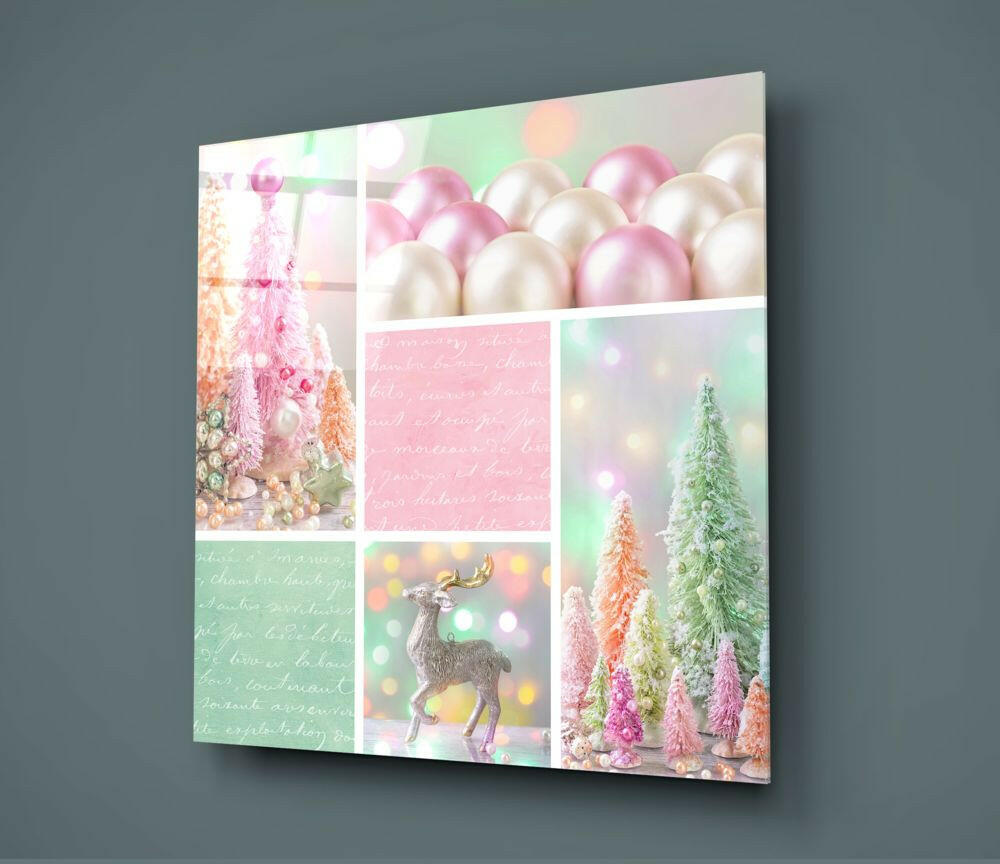 Glass wall art panel displaying festive collage with pink and white ornaments, decorated trees, reindeer, and pastel text on gray background.