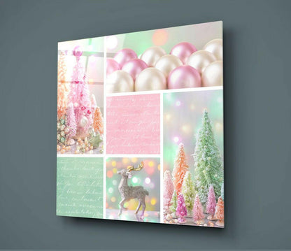 Glass wall art panel displaying festive collage with pink and white ornaments, decorated trees, reindeer, and pastel text on gray background.