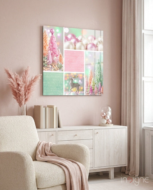 Christmas glass wall art in nine-panel grid displaying festive trees, baubles, reindeer, and decorative elements in pink, green, and cream tones, hung above cream furniture in a styled room.