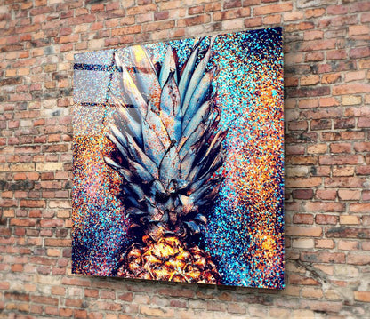 Glitter Splash Metallic Blue Pineapple Glass Wall Art