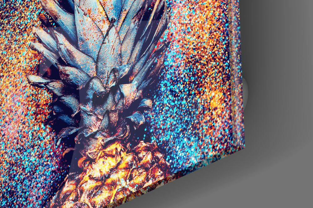 Glitter Splash Metallic Blue Pineapple Glass Wall Art