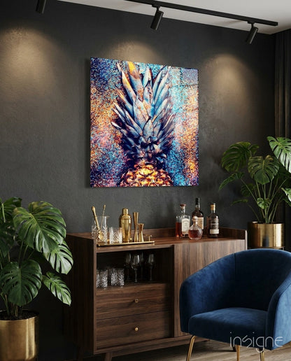 Glitter Splash Metallic Blue Pineapple Glass Wall Art