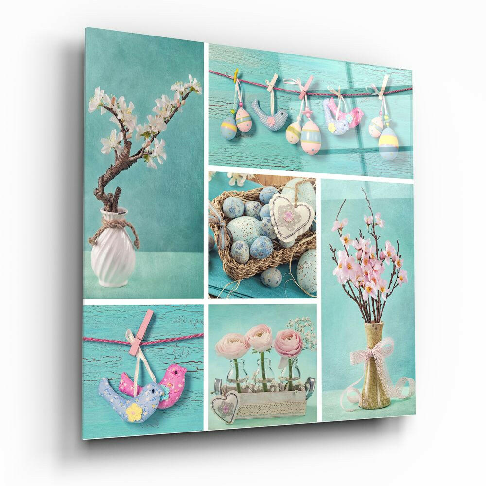 Multi-panel glass wall art displaying Easter and spring themed photographs on turquoise backgrounds, including flowers, eggs, and decorative items.