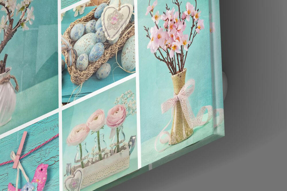 Multi-panel glass wall art displaying spring scenes with turquoise background, Easter eggs, pink flowers, and decorative ribbons in angled perspective view.