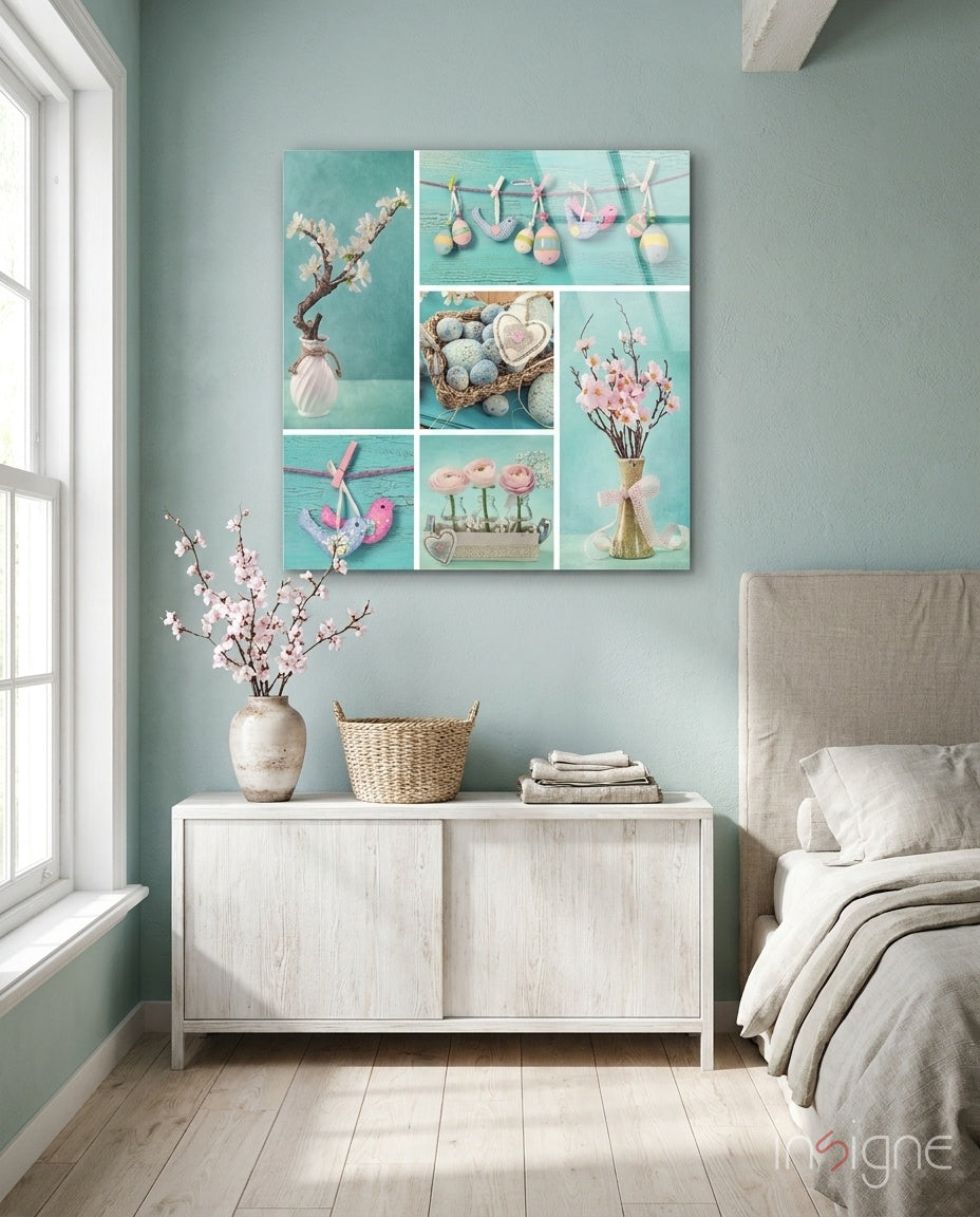 Sweet Baby Glass Wall Art displaying nine pastel Easter and spring scenes in turquoise and pink tones, hung above a white dresser in a bedroom.