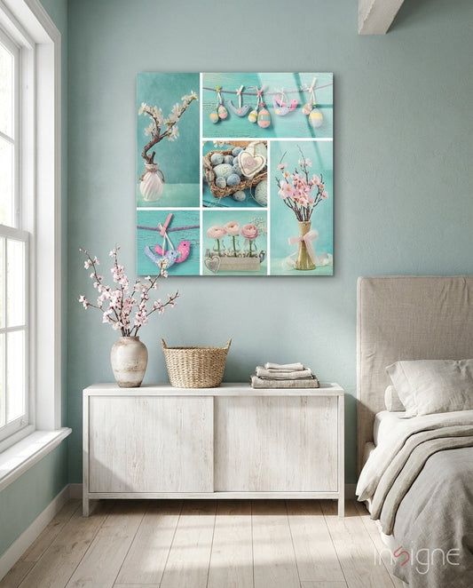 Sweet Baby Glass Wall Art displaying nine pastel Easter and spring scenes in turquoise and pink tones, hung above a white dresser in a bedroom.