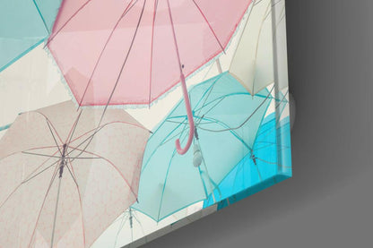Pastel Pink And Mint Sky Umbrellas Glass Wall Art