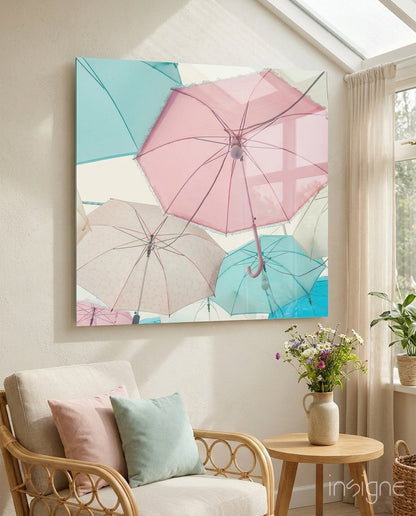 Pastel Pink And Mint Sky Umbrellas Glass Wall Art