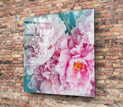 Blush Peony Teal Glass Wall Art