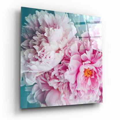 Blush Peony Teal Glass Wall Art