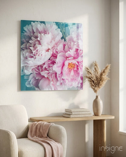 Blush Peony Teal Glass Wall Art