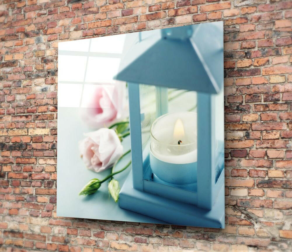 Blue Lantern With Pink Roses Glass Wall Art