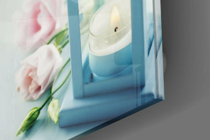 Blue Lantern With Pink Roses Glass Wall Art