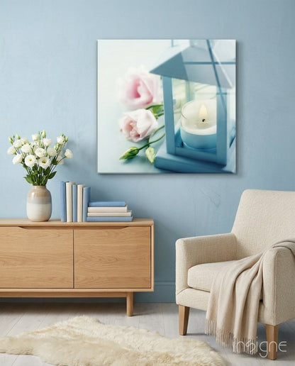 Blue Lantern With Pink Roses Glass Wall Art