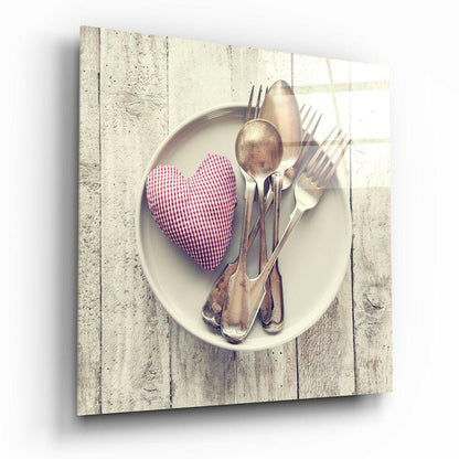 Gingham Heart And Silver Cutlery Glass Wall Art
