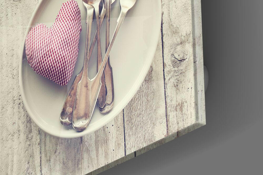 Gingham Heart And Silver Cutlery Glass Wall Art