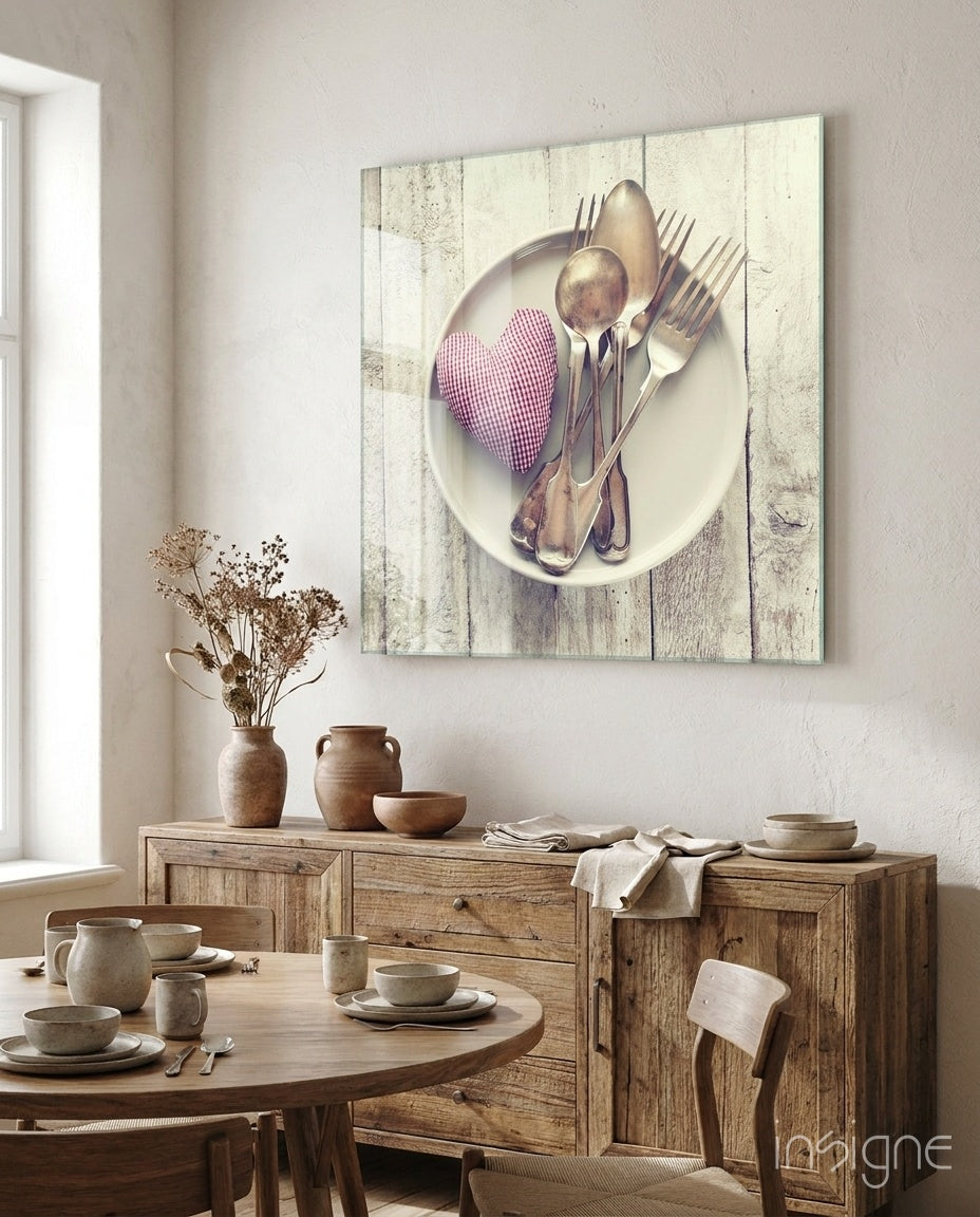Gingham Heart And Silver Cutlery Glass Wall Art