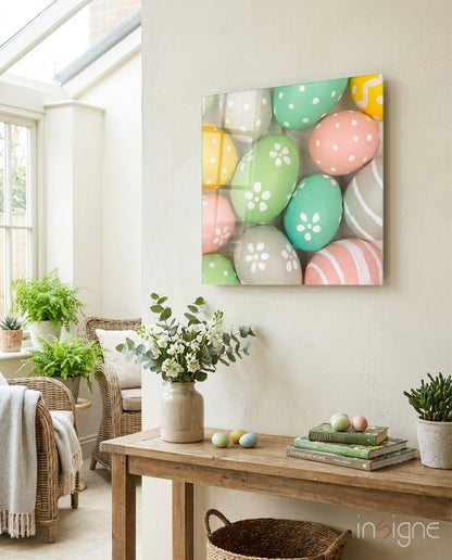 Daisy Painted Pastel Easter Eggs Glass Wall Art